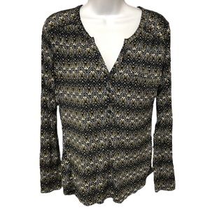 H&M Poly Blue Paisley Geometric V-Neck L/S Thin Top Sz Medium